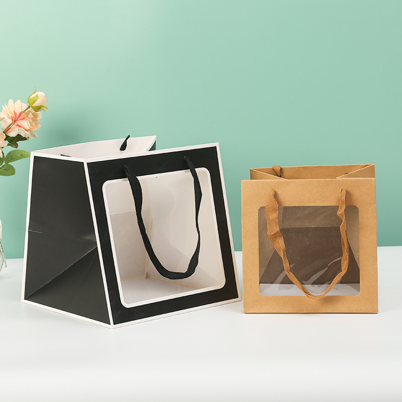 In Stock Wholesale Gift Bag Packaging Bag Flowers Wedding Transparent Window Gift High-End Clothing Gift Bag Handbag