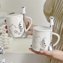 创意猫咪马克杯女生大容量陶瓷水杯带盖带勺子家用杯子儿童早餐杯