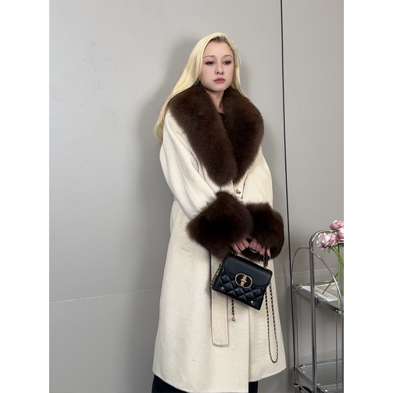 2024年高端狐狸毛领羊毛双面呢子大衣中长款阔太名媛皮草外套女