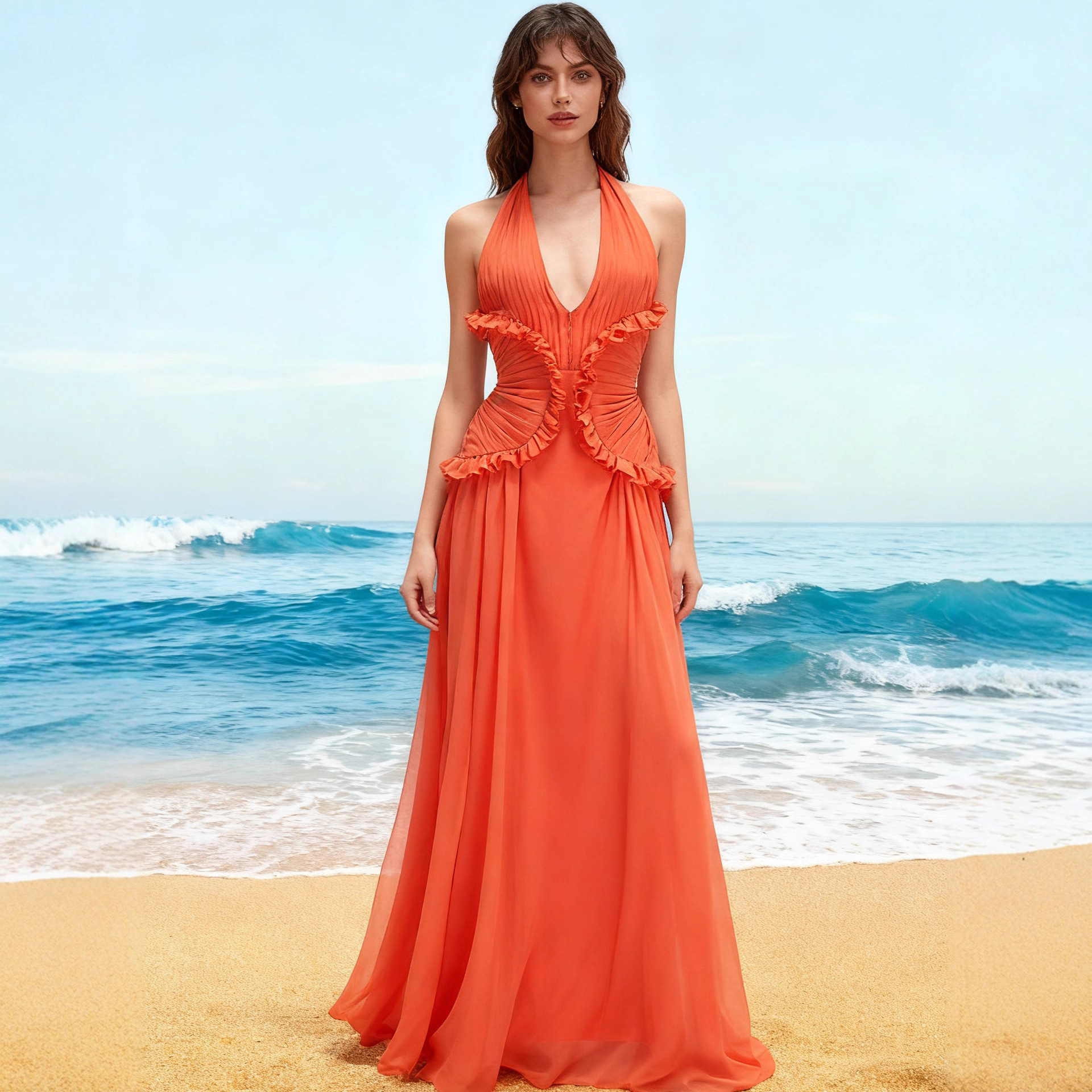 欧美高端挂脖礼服深V领木耳边收腰连衣裙沙滩镂空挂脖拖地长裙