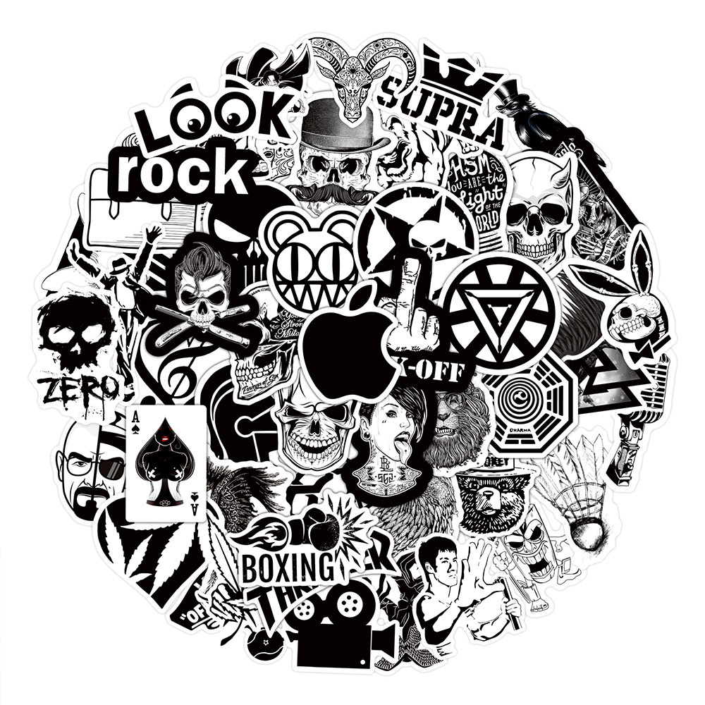 50张黑白摇滚rock涂鸦贴纸滑板车吉他水杯拉杆箱防水贴纸批发