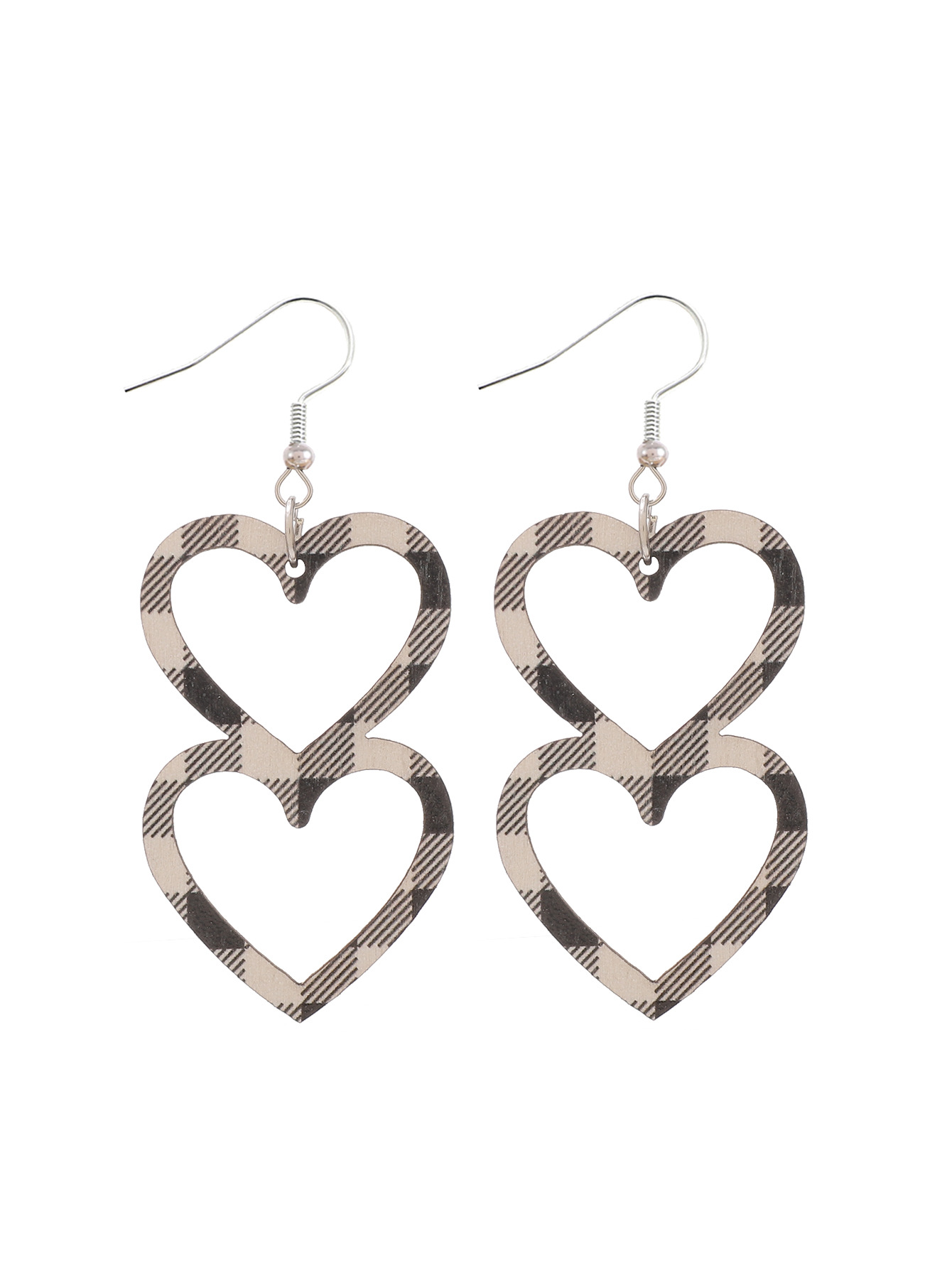 Cross-Border Valentine's Day Double Layers Loving Heart Plaid Earrings Heart-Shaped Wooden Earrings Aliexpress Amazon