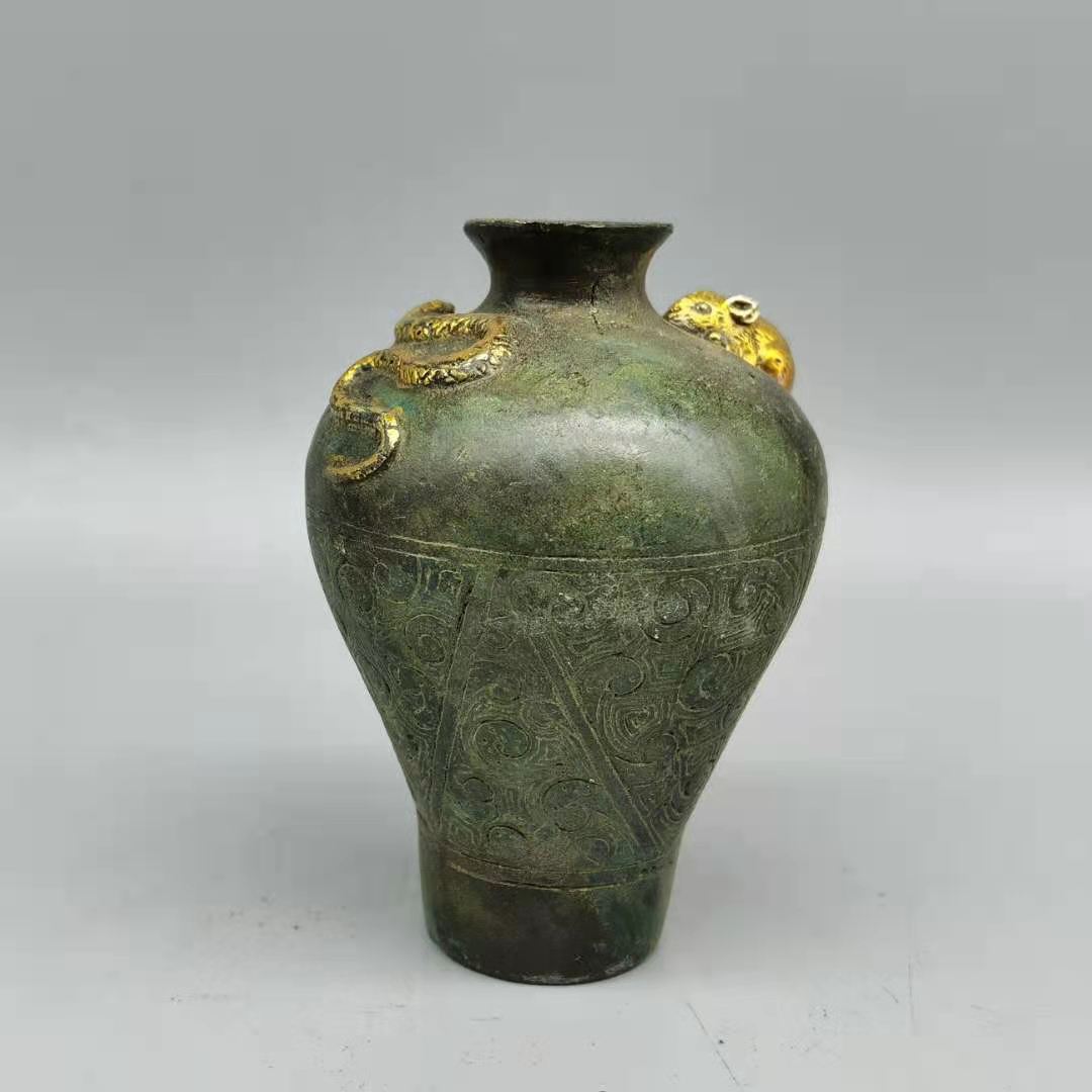 古玩杂件批发收藏复古做旧铜器工艺品黄铜鎏金蛇鼠罐花瓶装饰品