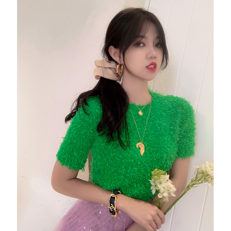 【定制】【地球店】碧绿色显瘦针织短袖女修身上衣短款t恤2021年