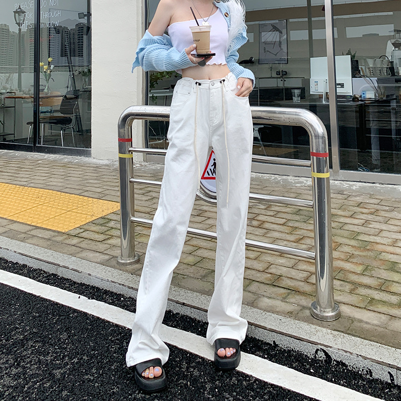 Korean Style White Drawstring Denim Wide-Leg Pants for Women 2023 Spring and Autumn New High Waist Loose Slimming Mop Pants Fashion