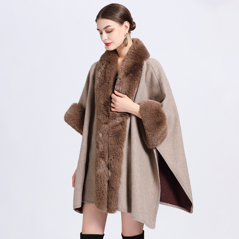 881# European and American Autumn and Winter New Imitation Rex Rabbit Fur Collar Shawl Cape Oversized Knitted Cardigan Woolen Coat for Women