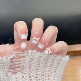 会有猫 珍珠螺纹 腮红法式堆钻蝴蝶结甜美气质美甲手工穿戴甲