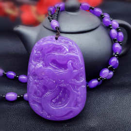 琥珀蜜蜡紫色毛衣链老蜜蜡吊坠水滴雕刻件民族风项链男女配饰新款