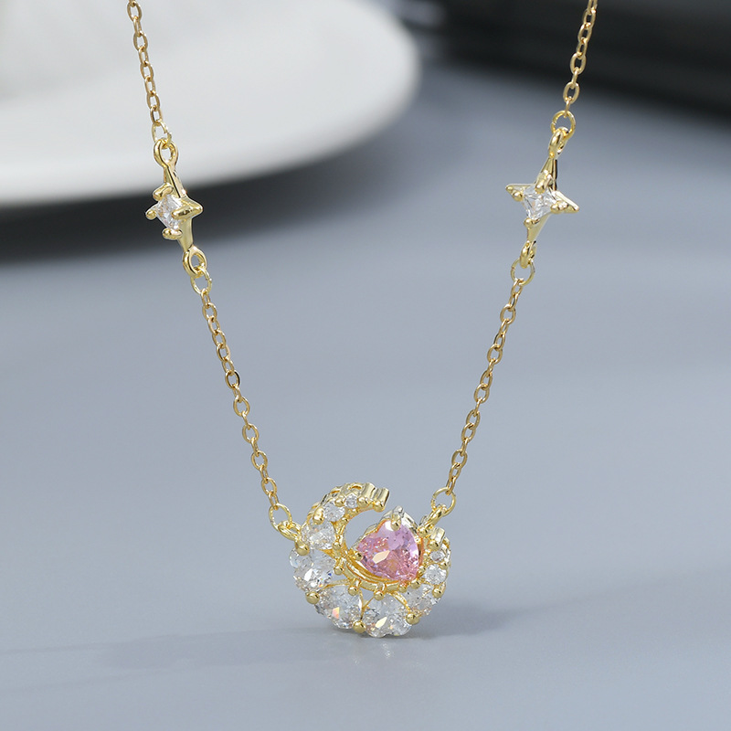 Real Gold Plating Inlaid Zircon Temperament Clavicle Chain Female Niche Design Star and Moon Necklace Personality All-Match Necklace