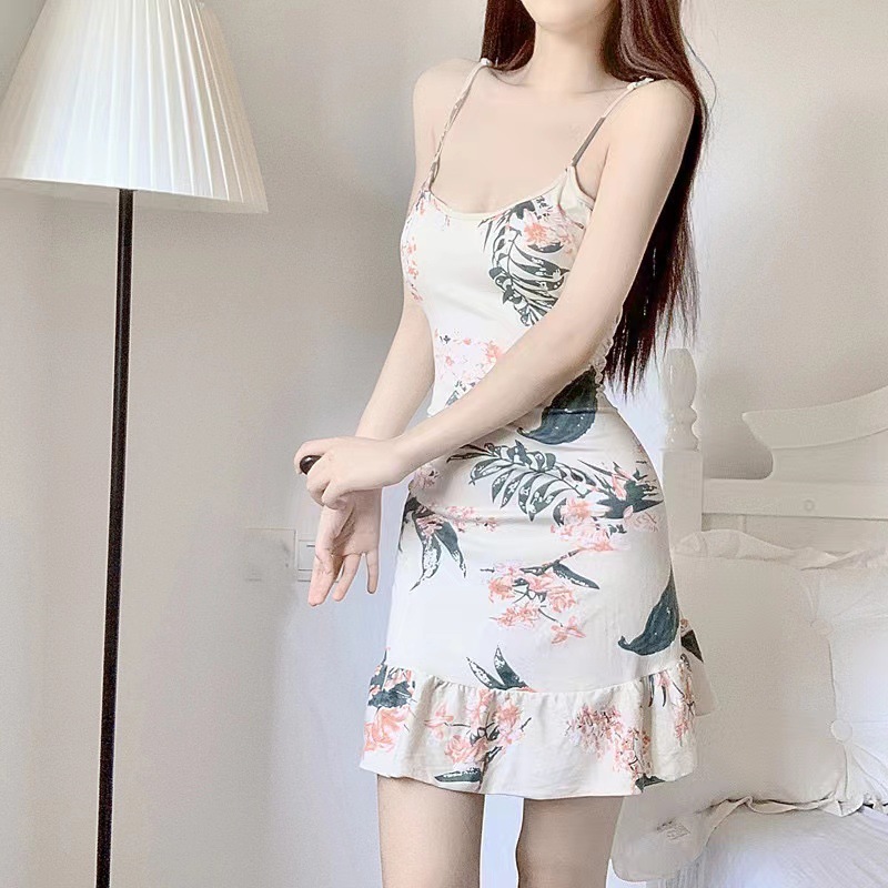 沫荷 情趣内衣韩版家居服背带裙性感蕾丝带胸垫吊带薄款睡裙098