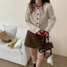 杏色爱心扣毛针织开衫女秋冬新款小个子韩系慵懒风拼色边宽松上衣