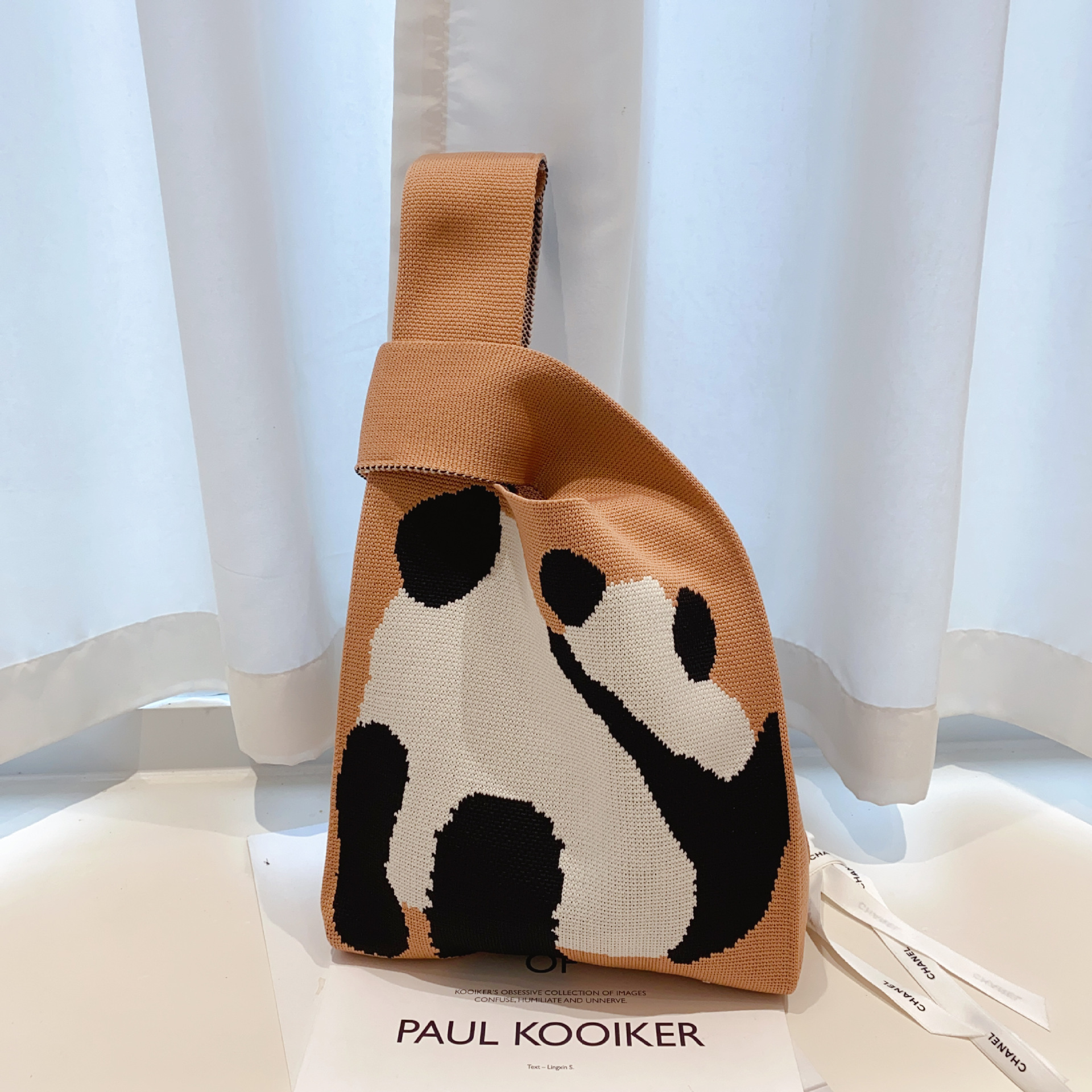 Cute and Sweet Panda Knitted Large Handbag Women's Woven Casual Vest Bag Large Capacity Bento Bucket Bag