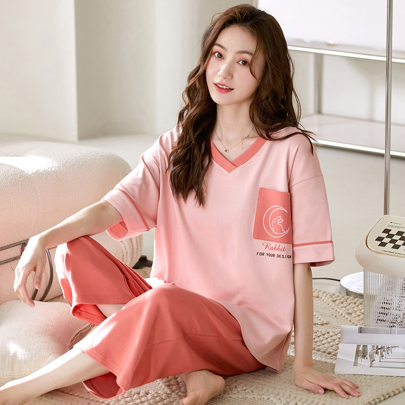 Mengxiaofen Pajamas Women's Summer Korean-Style Short-Sleeved Cropped Pants Solid Color Cotton V-neck New Suit Casual Homewear