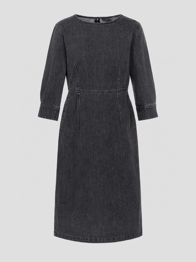 bp女士秋冬深灰色休闲中长收腰裙七分袖后背拉链烟灰色牛仔连衣裙