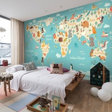 卡通动物世界地图墙纸壁画卧室儿童房壁纸温馨背景墙环保壁画