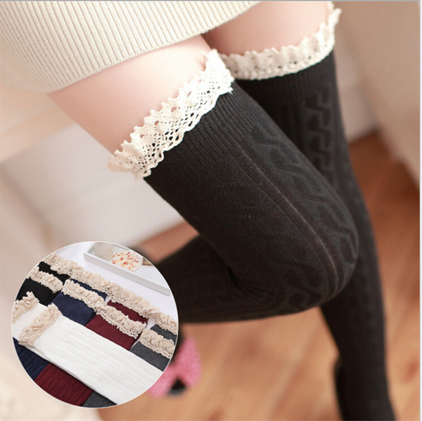 w156日系蕾丝花边过膝袜大腿袜女学院风麻花竖条全棉长筒袜高筒袜