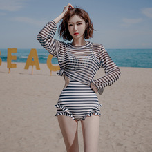 夏季沙滩新款条纹连体飞边钢托聚拢长袖罩衫两件套度假泳衣女批发