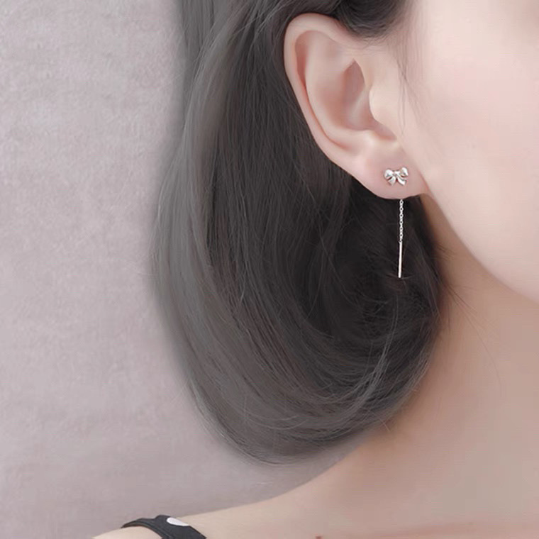 S999 Sterling Silver Bow Hanging Earrings Niche Elegant Tassel Earrings Female Korean Style Light Luxury Ins Style High-Grade Ear Studs