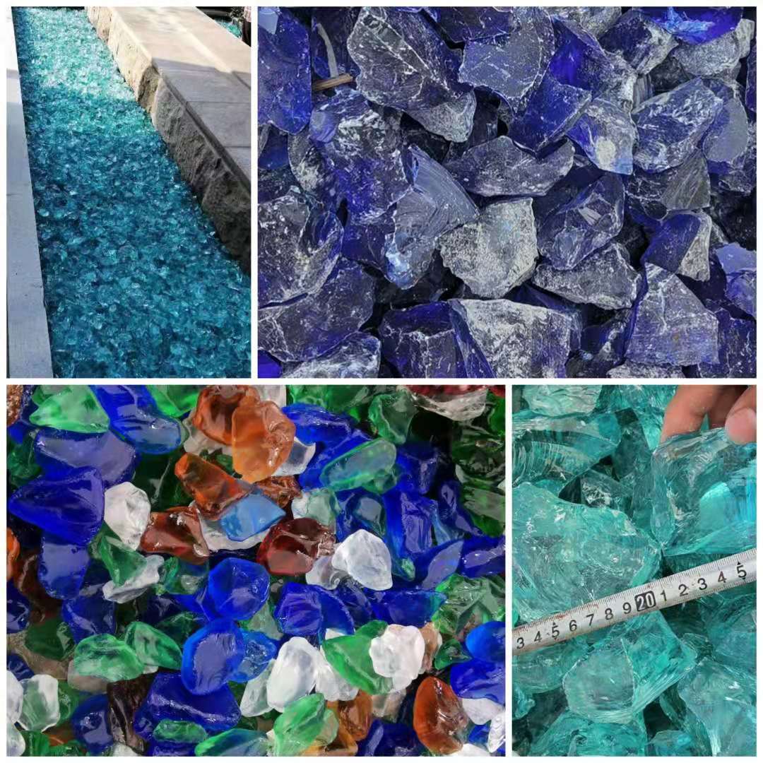 供应 玻璃块 彩色玻璃石 景观装饰石笼墙造景用不规则蓝色琉璃石