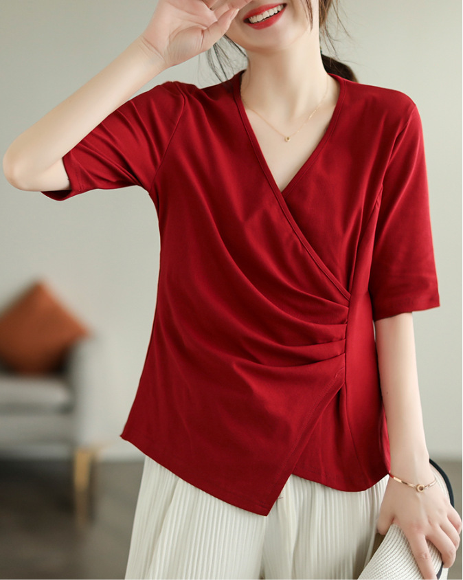 2022新款不规则v领上衣女夏装新款文艺显瘦棉中袖t恤