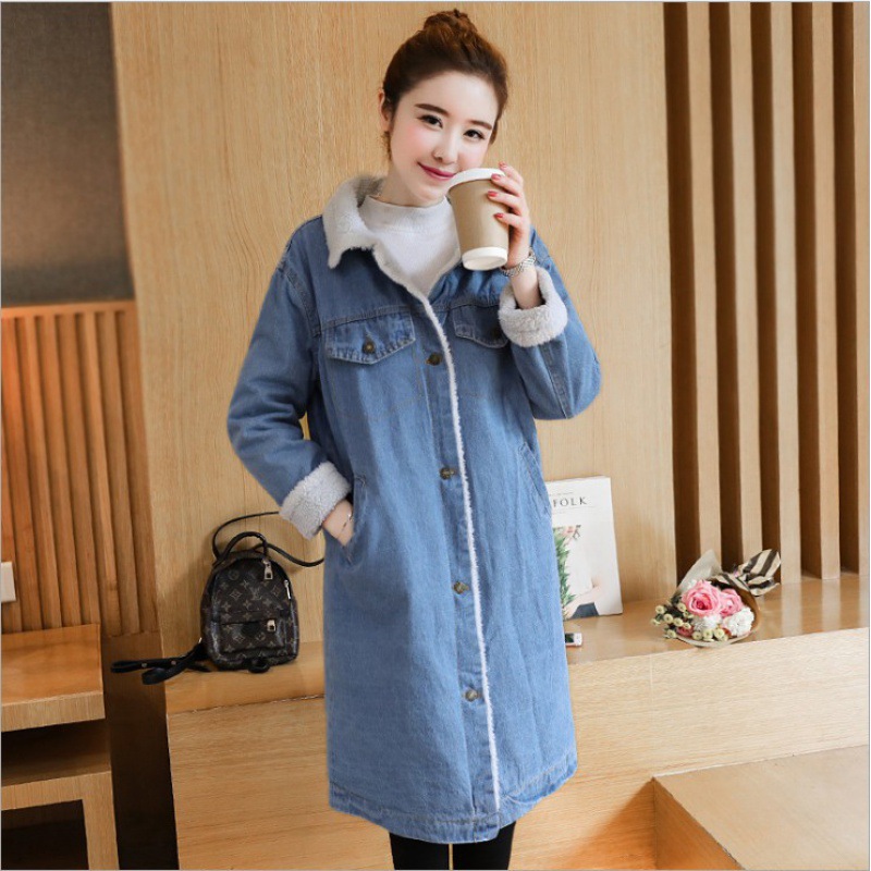 冬装韩版宽松大码翻领羊羔毛牛仔外套女中长款加绒加厚棉衣-阿里巴巴