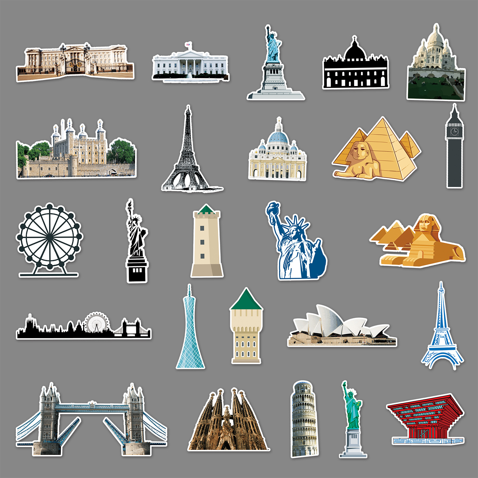 64张不重复地标建筑贴纸 行李箱自行车滑板车汽车防水装饰贴纸