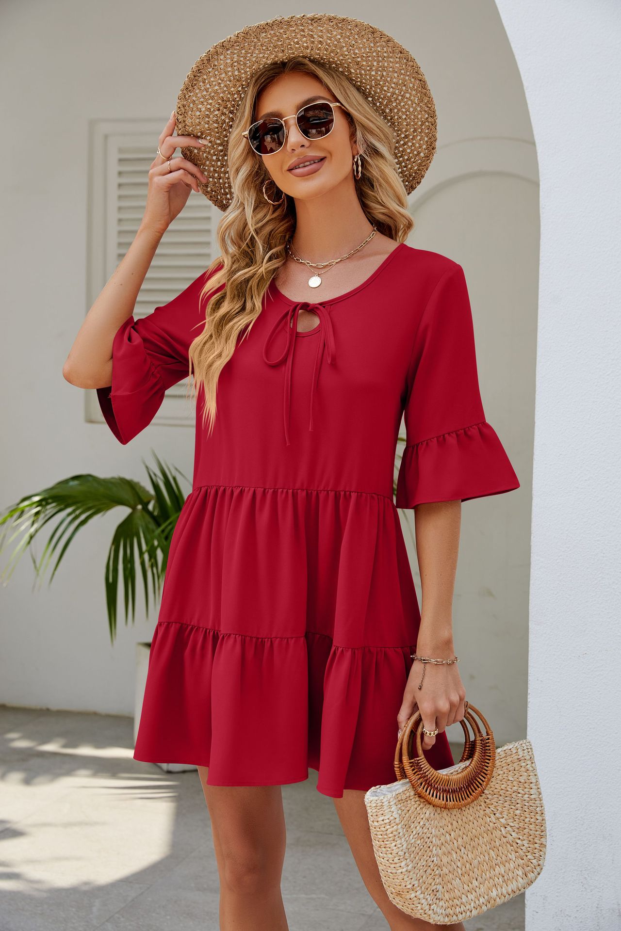 2023 European and American Summer Amazon New Cross-Border Pleated Ruffled Short Sleeve Lace-up Dress A- line Skirt Sundress