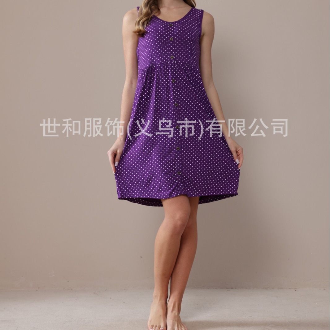 2024 Spring and Summer New Sunken Stripe Nightdress Dotted Prints Wide Shoulder Foreign Trade Women's Nightdress