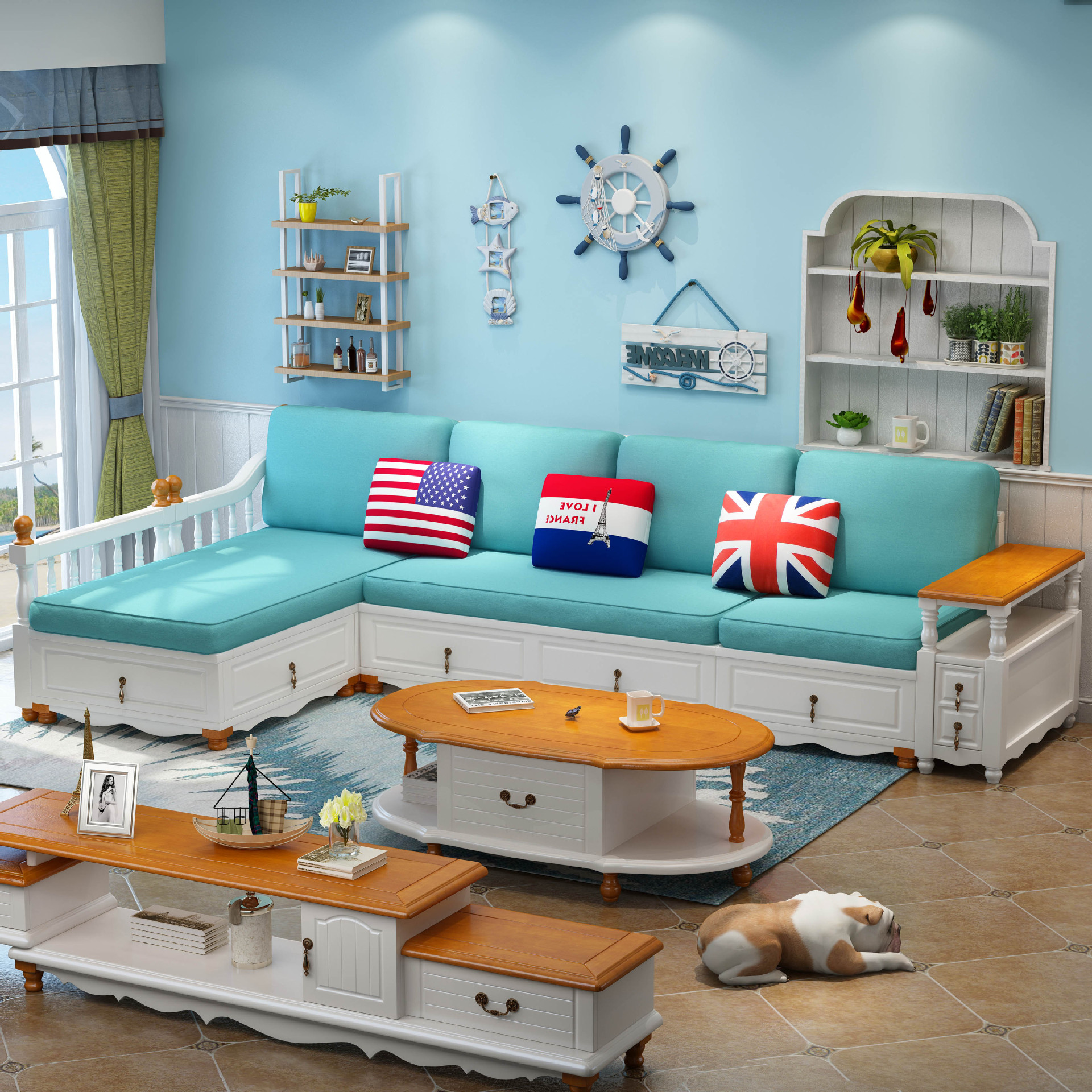 地中海沙发冬夏两用实木沙发组合田园小户型客厅高箱储物布艺沙发