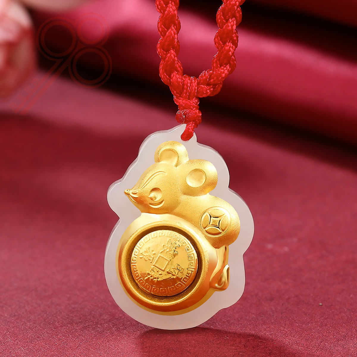 鼠年生肖金镶玉吊坠 和田玉时来运转老鼠吊坠 可转动礼品批发