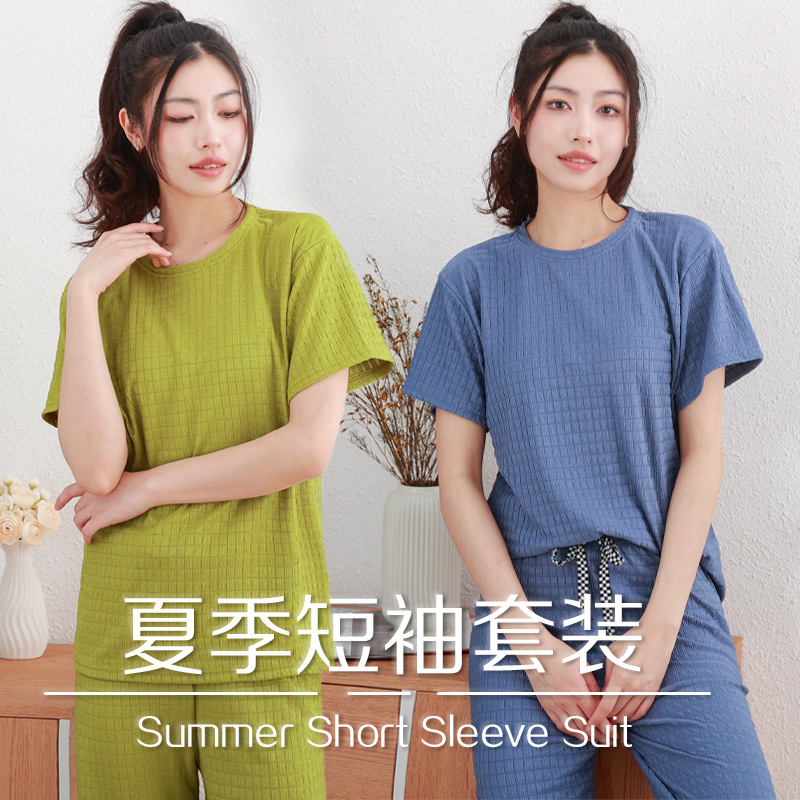 夏季短袖套装女小个子款小方格套装家居服圆领套装韩版外贸批发