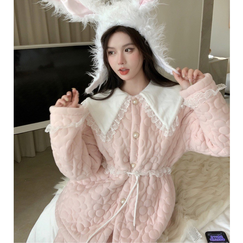 minisister特价款冬季小香风花边翻领开衫加厚睡衣长款夹棉家居服
