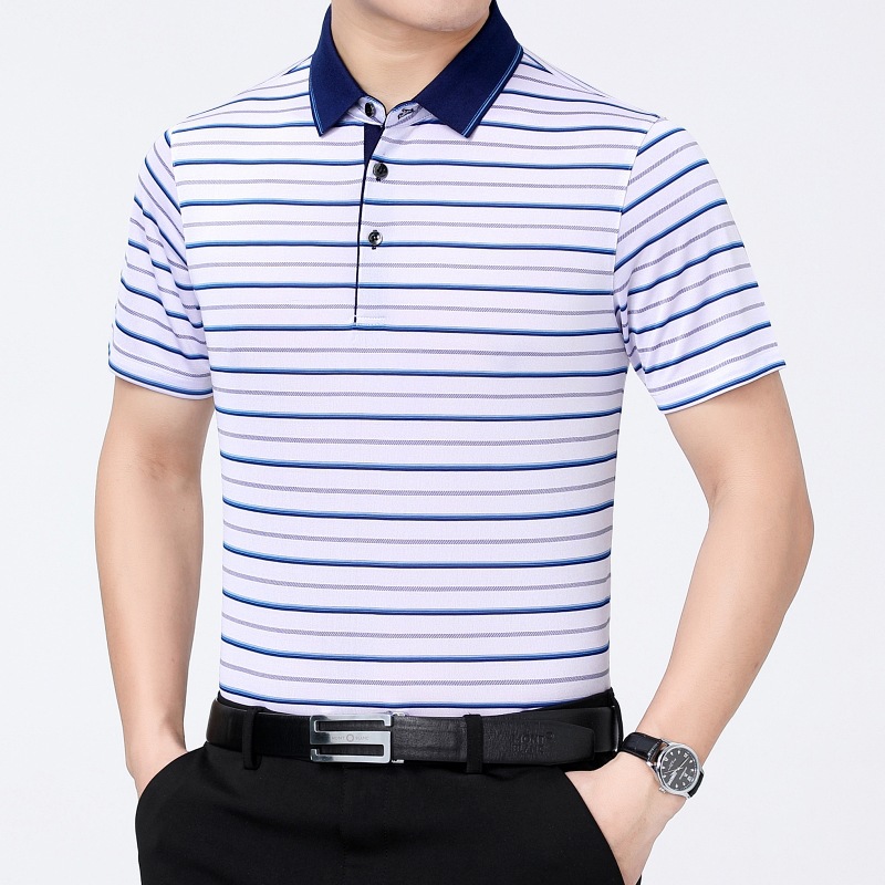 品牌中年男士短袖t恤 桑蚕丝中年半袖上衣爸爸装条纹体恤衫批发