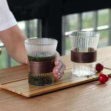 创意高颜值透明竖纹泡茶杯办公室高硼硅玻璃杯木片隔热单层咖啡杯