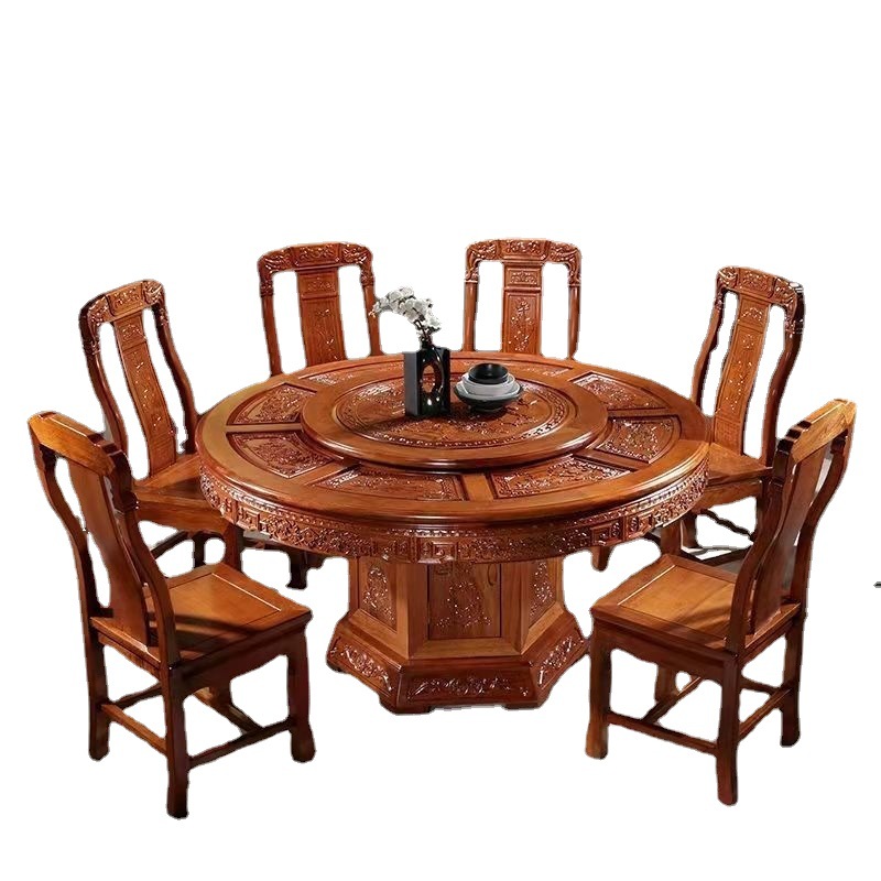 中式仿古实木餐桌圆形餐桌椅组合吃饭桌子雕花圆桌古典家具