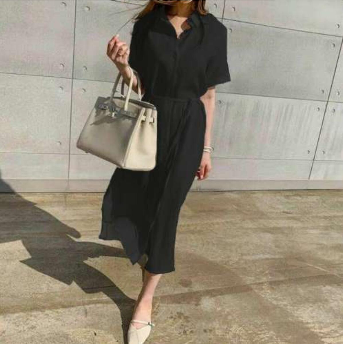 2024 Korean Style Simple Loose Lace-up Waist-Tight Single-Breasted Short Sleeve Linen Shirt Dress Women's Clothing