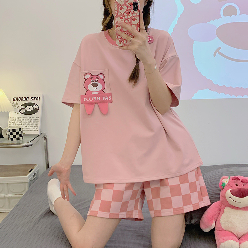 2023 New Summer Pajamas Women's Short-Sleeved Clothes and Shorts round Neck Pullover Cute Cartoon Suit Homewear Can Be Worn outside