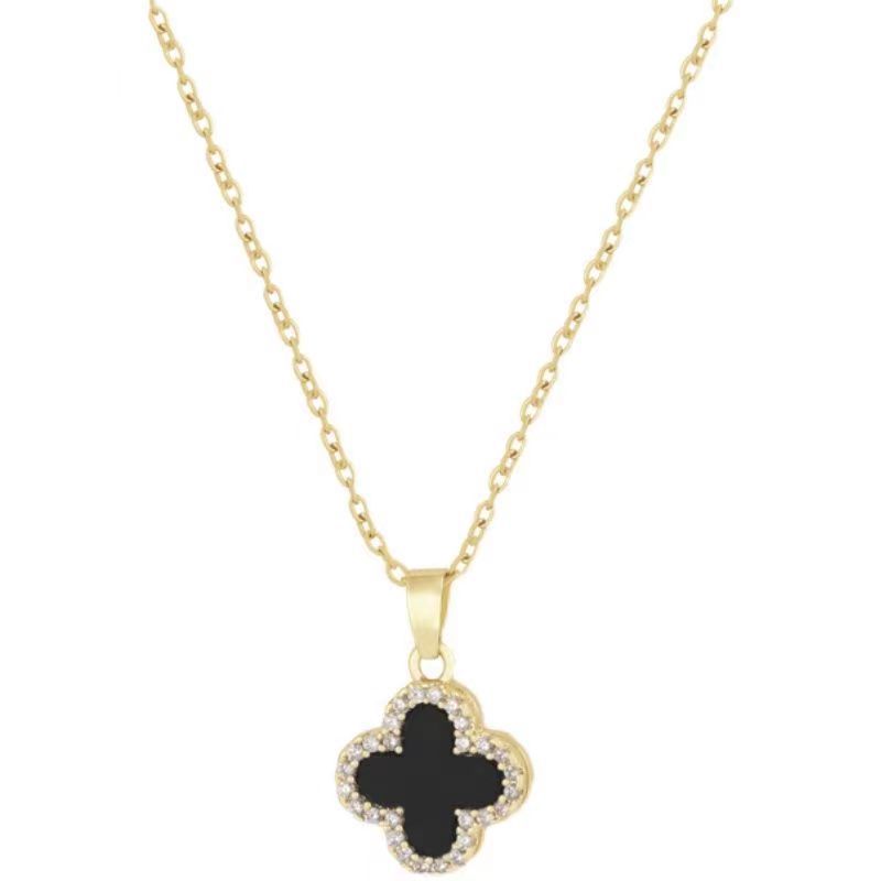 Japanese and Korean Style Yellow Gold Double-Sided Black and White Diamond Four-Leaf Clover Necklace Female Clover Pendant Clavicle Chain Internet Influencer Accessories