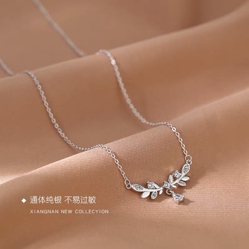 Laurel Goddess S999 Pure Silver Wheat Necklace Women's Light Luxury Cold Style Clavicle Chain Diamond-Embedded Sterling Silver Necklace Wholesale