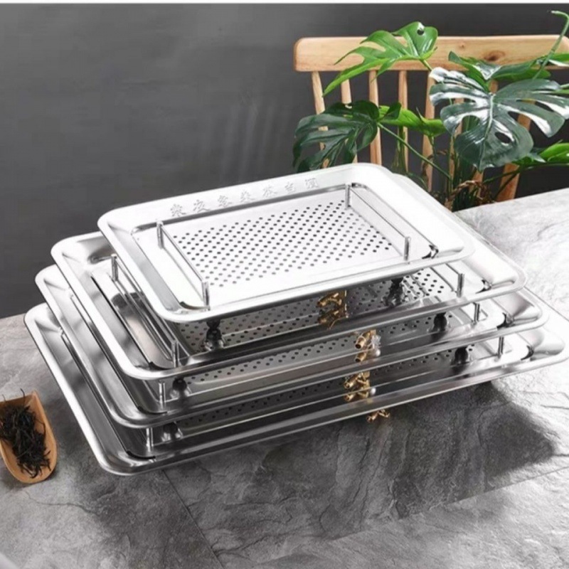 不锈钢茶盘带排水式双层长方形茶池功夫茶具套装金属茶托托盘茶海