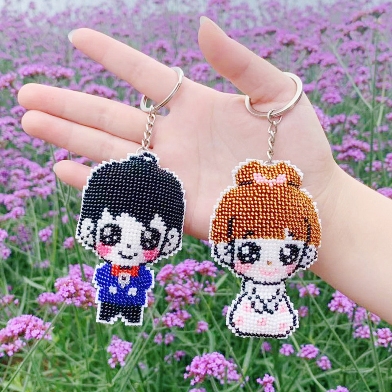 印花十字绣可爱卡通萌小q新郎新娘结婚情侣全珠绣钥匙扣手机挂件