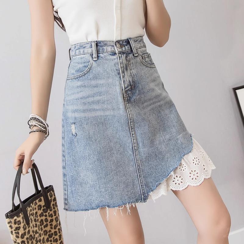 拼接蕾丝破洞牛仔裙高腰半身裙女夏季新款花边短裙包臀裙a字裙子