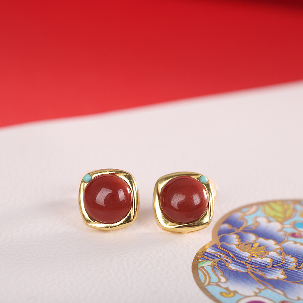 人品银品 s925纯银镀金镶嵌南红玛瑙耳钉 简约女士小众时尚耳饰