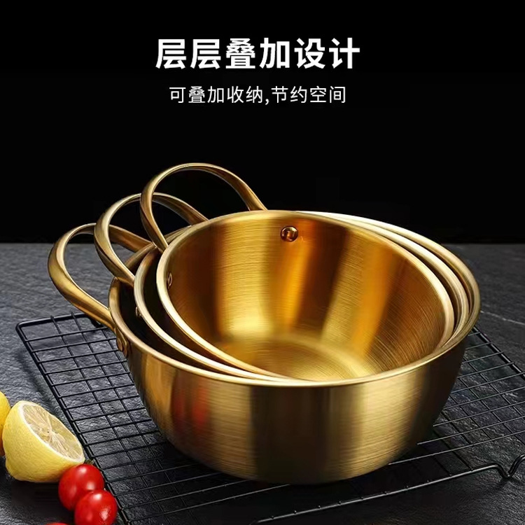 Hz473 Korean Stainless Steel 304 Cold Sauce Watchband Handle Kitchen Sink Hand Noodle Bowl Ramen Pot Salad Bowl Induction Cooker Stew-Pan