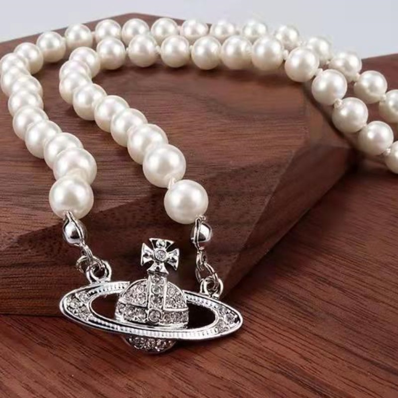 跨境款西太后vivienne薇薇安闪钻土星牛奶珍珠项链朋克大气首饰