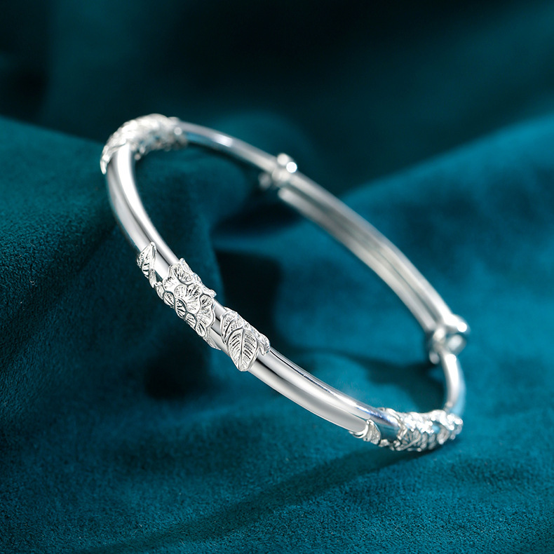 s999纯银繁花纹理民族风手镯女实心推拉妈妈款手镯母亲节礼物批发