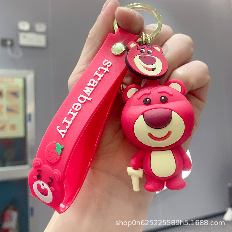 Cute Cartoon Strawberry Bear Keychain Ornaments Epoxy Doll Car Key Ring Pendant Bag Accessories Wholesale