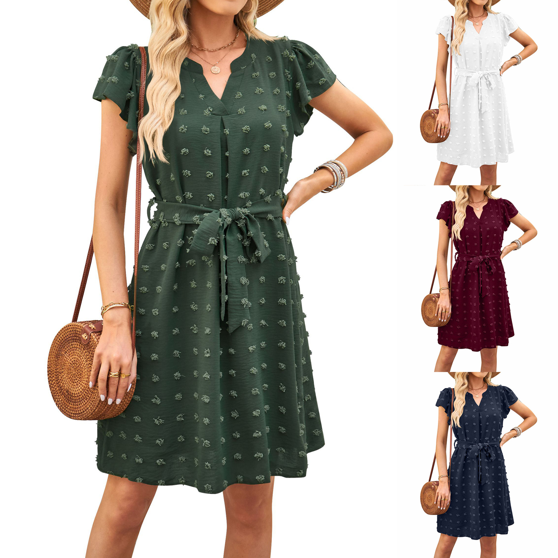 欧美女装 2023夏季新款亚马逊毛球v领飞飞袖中长款绑带女士连衣裙