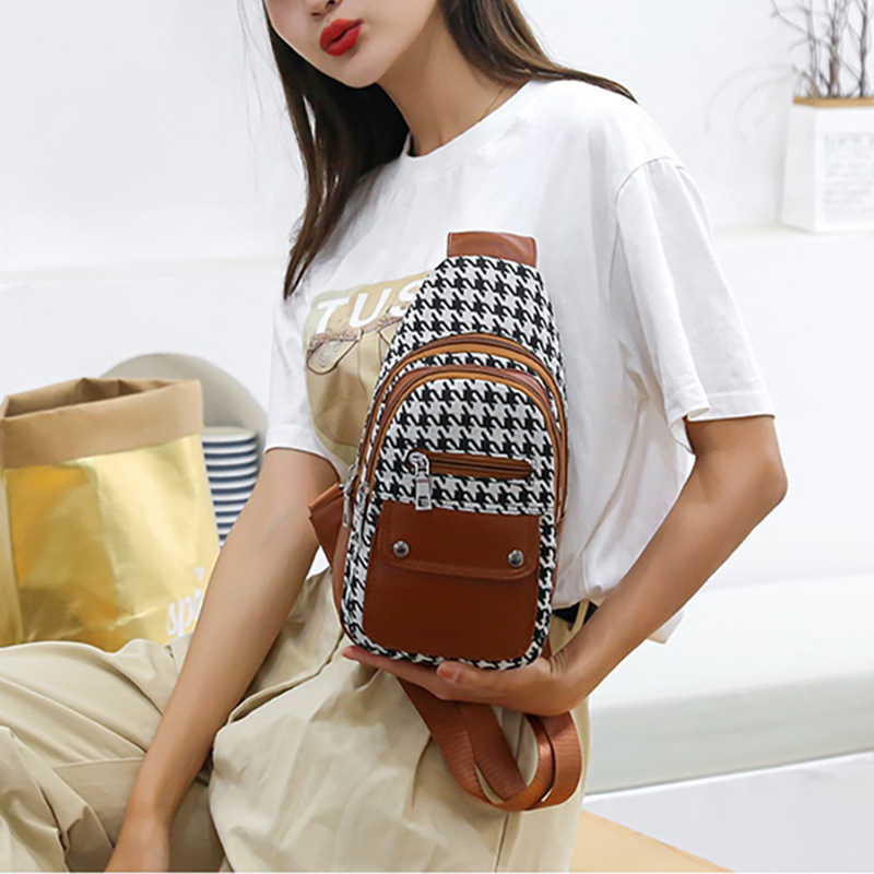Cross-Border Women's Bag Houndstooth Stitching Chest Bag Large Capacity Convenient Mobile Phone Coin Purse Outdoor Travel Shoulder Bag