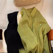天丝亚麻芥末绿衬衫女薄款长袖2024年新款法式设计感小众防晒衬衣